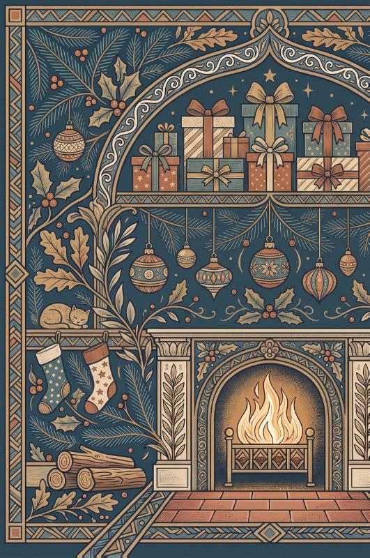 Achterkant van Kerstmis bij de open haard