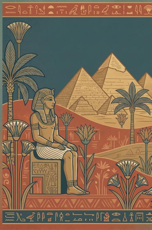 Achterkant van Egyptische goden en piramides