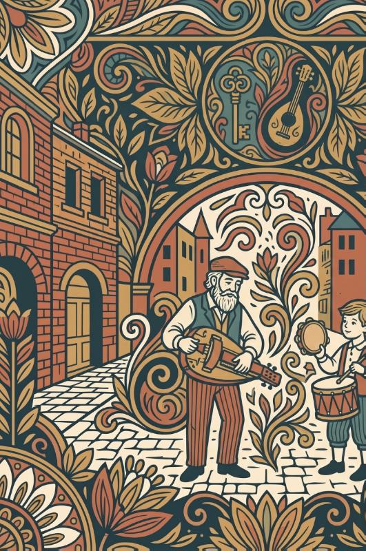 Achterkant van Straatmuzikanten in de stad