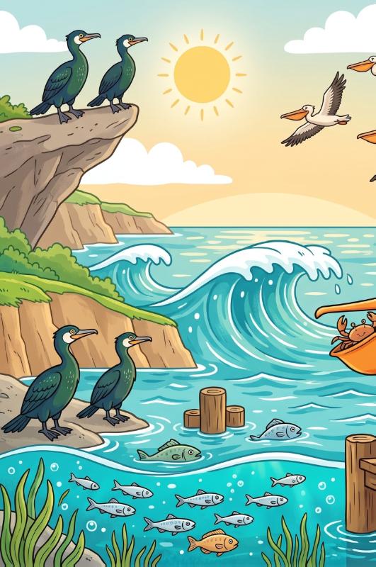 Achterkant van Pelikanen en aalscholvers