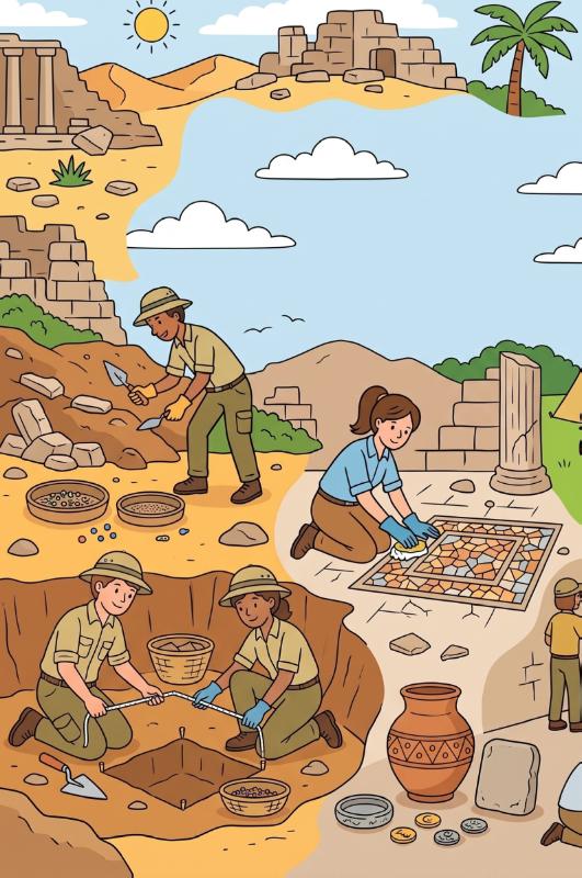 Achterkant van Archeologen en opgravingen
