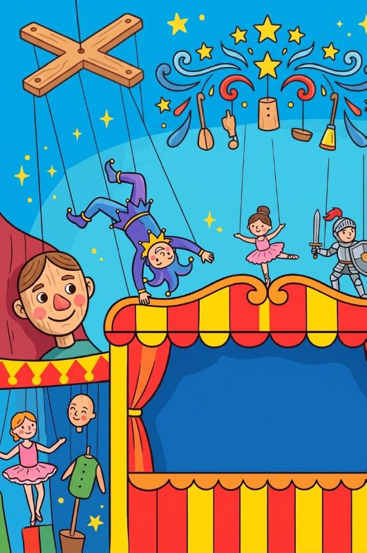 Achterkant van Poppenkast en marionetten