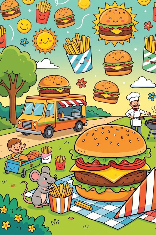 Achterkant van Hamburgers en friet
