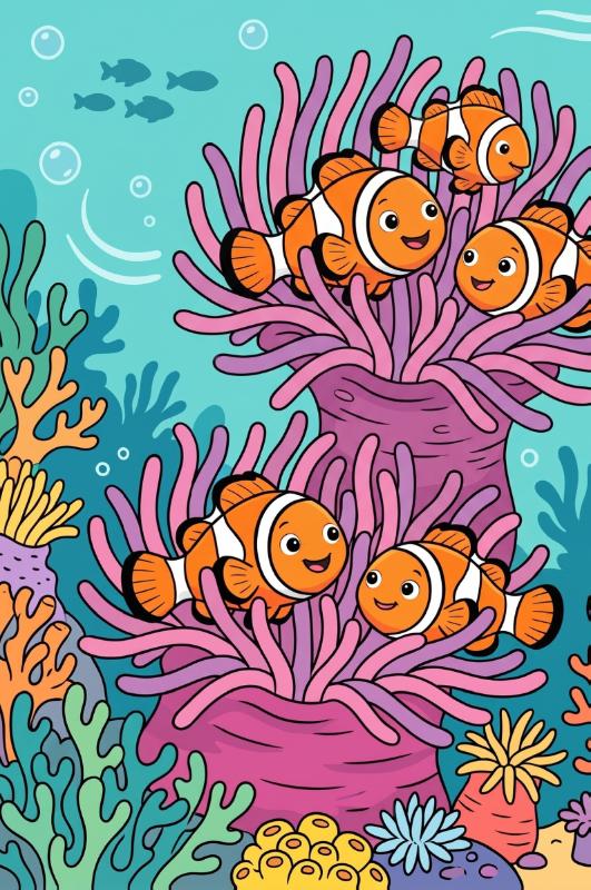 Achterkant van Clownvissen en zeeanemonen