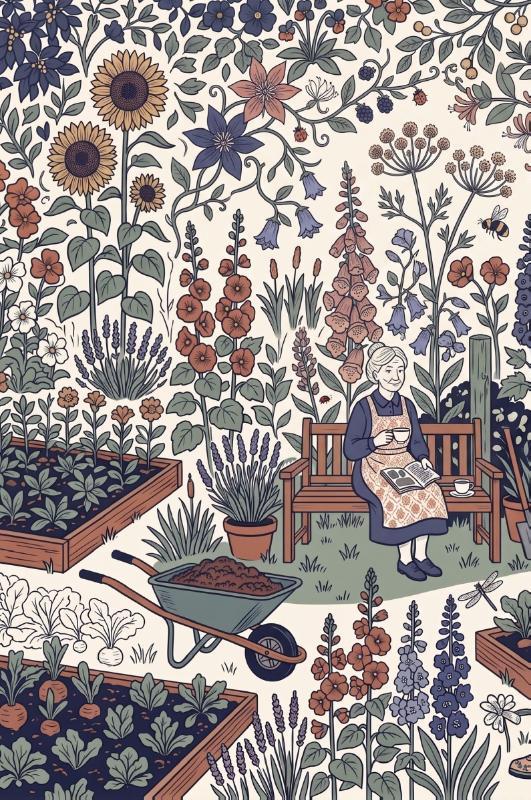 Achterkant van De volkstuin en het tuinhuisje