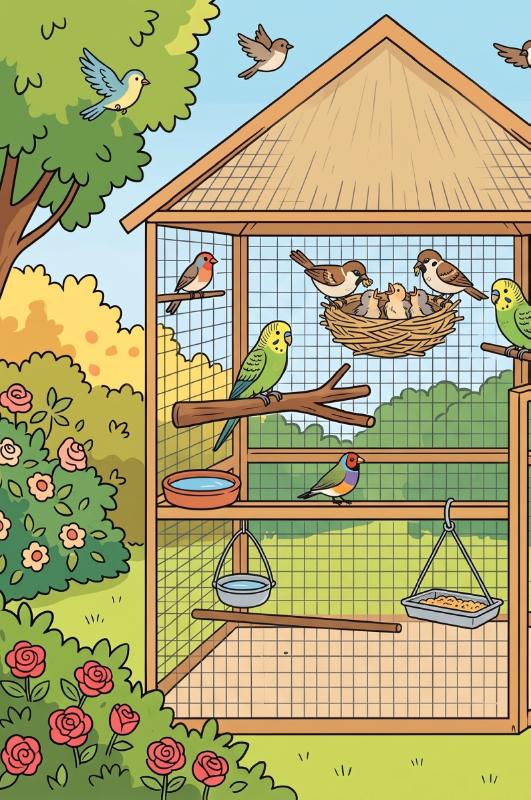 Achterkant van De volière in de tuin