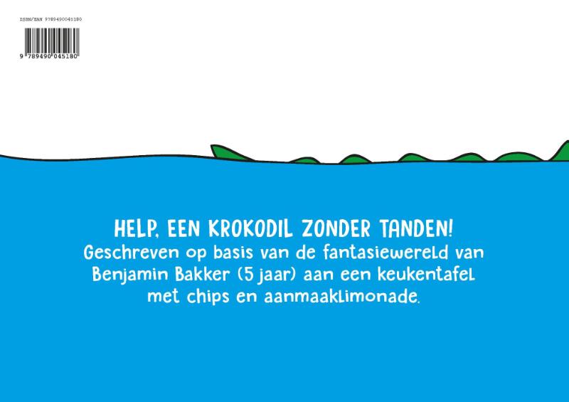 Achterkant van Help, een krokodil zonder tanden!