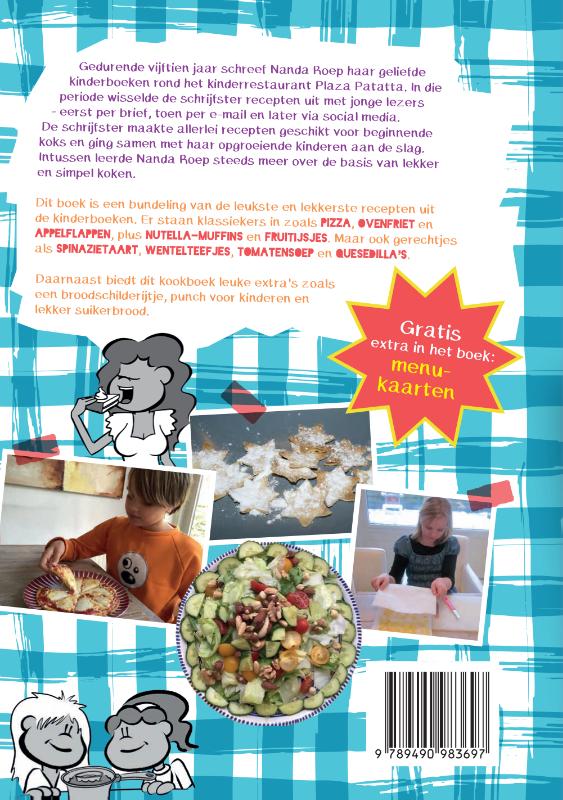 Achterkant van Het grote fantastische Plaza Patatta kinderkookboek!