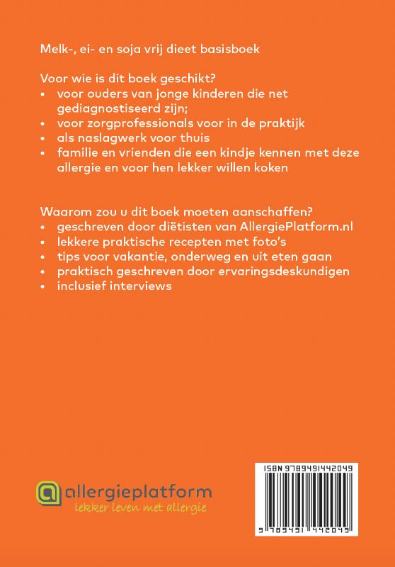 Achterkant van Melk, ei en soja vrij dieet basisboek