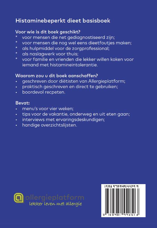 Achterkant van Histaminebeperkt dieet basisboek