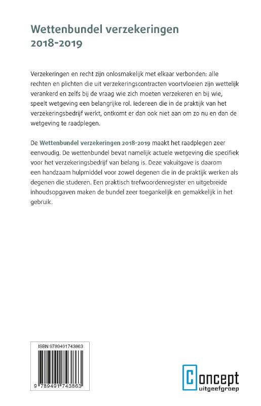 Achterkant van Wettenbundel verzekeringen 2018-2019