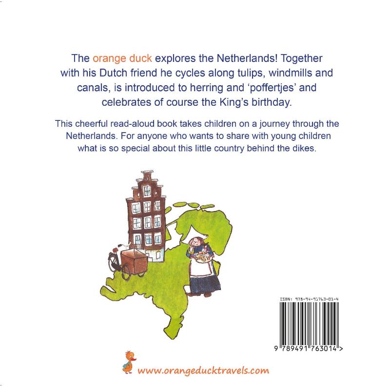 Achterkant van The orange duck explores the Netherlands