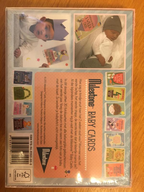Achterkant van Baby photo cards original/ display met 6 losse sets