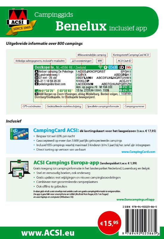 Achterkant van ACSI Campinggids Benelux + app 2020