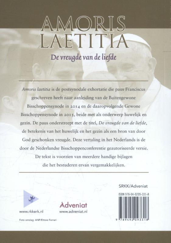 Achterkant van Amoris Laetitia van de heilige vader Franciscus