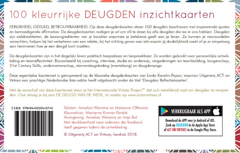 Achterkant van 100 kleurrijke deugden inzichtkaarten