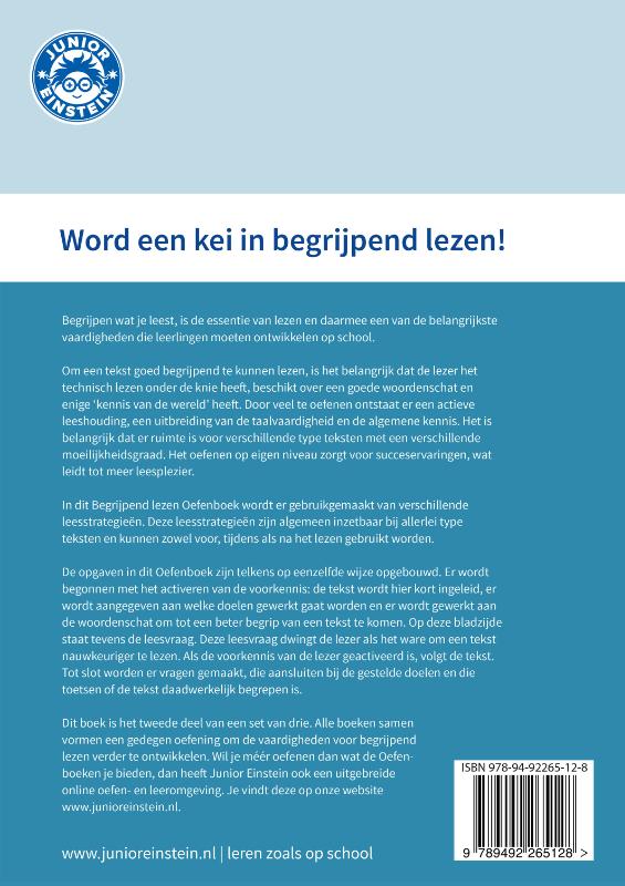 Achterkant van Begrijpen lezen opgaven- en antwoordenboek, Deel 2. Verschillende type teksten en bijbehorende doelen.