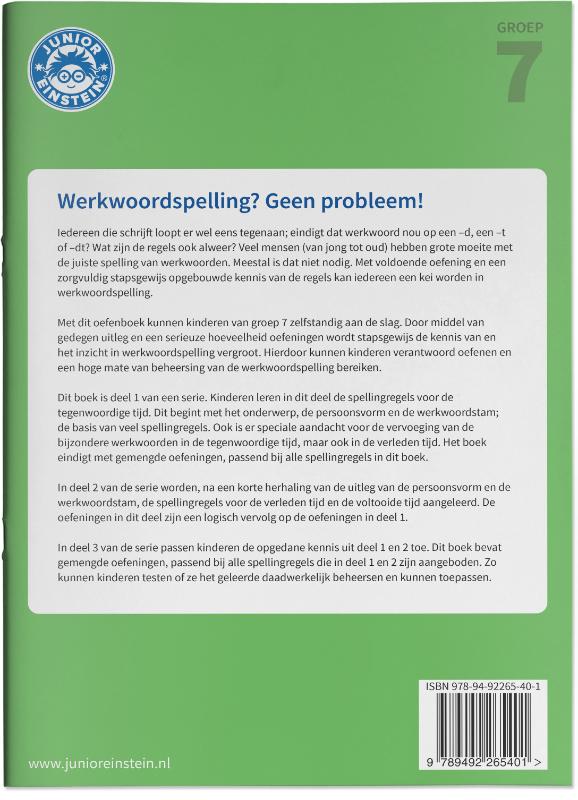 Achterkant van 1 Spellingsoefeningen tegenwoordige tijd en bijzondere werkwoorden. Groep 7
