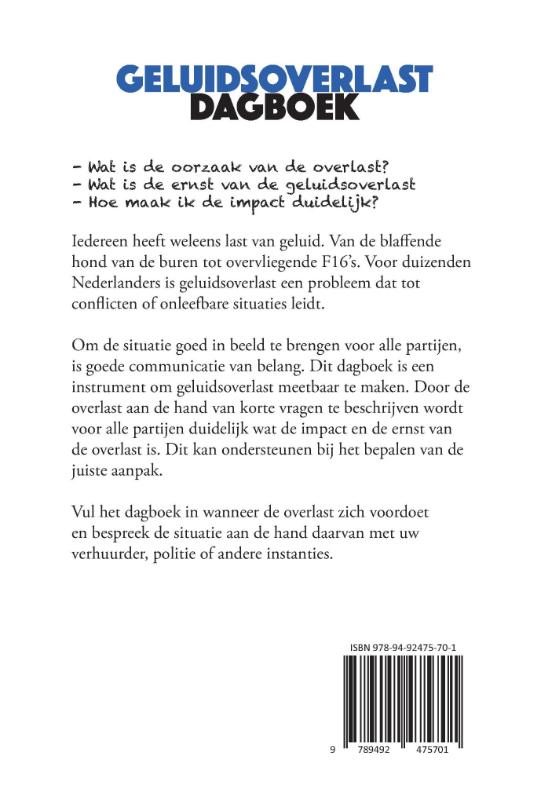 Achterkant van Geluidsoverlast Dagboek