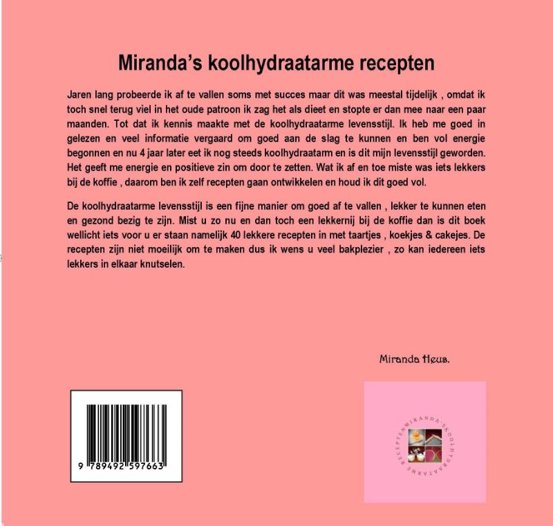 Achterkant van Miranda’s koolhydraatarme recepten