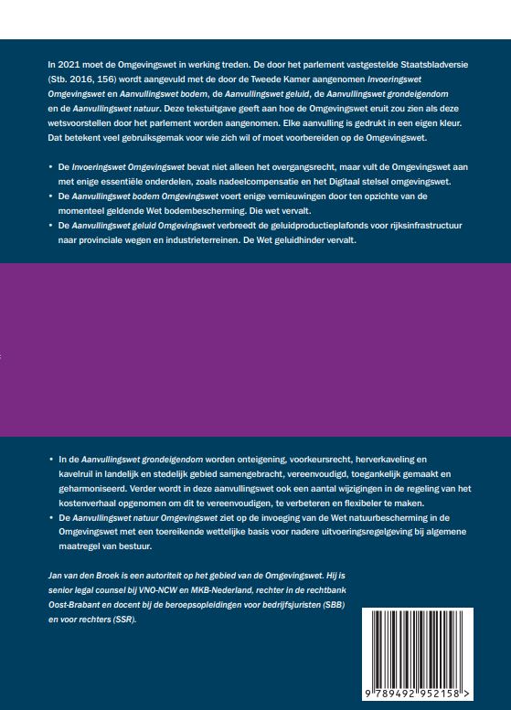 Achterkant van Tekstuitgave Omgevingswet, volledig geconsolideerde wettekst