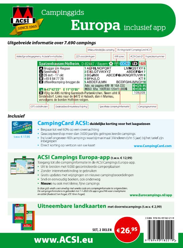 Achterkant van ACSI Campinggids Europa + app 2022 (set)