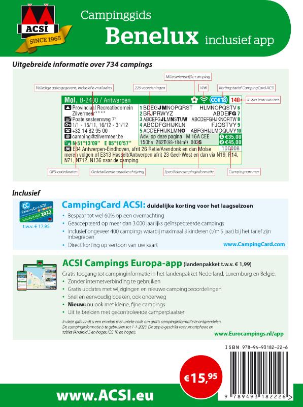 Achterkant van ACSI Campinggids Benelux + app 2022