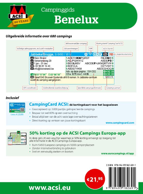 Achterkant van ACSI Campinggids Benelux 2025
