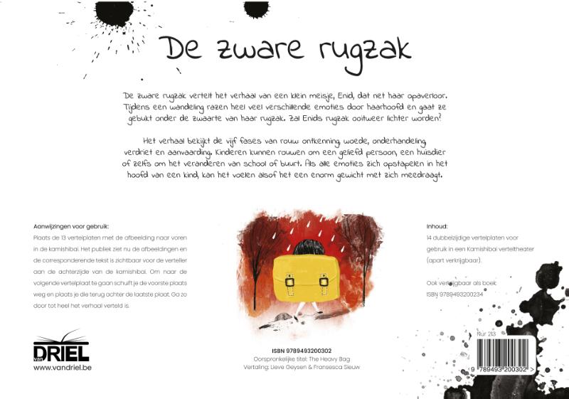 Achterkant van De zware rugzak kamishibai vertelplaten