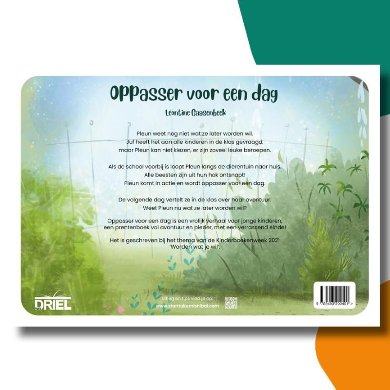 Achterkant van Oppasser voor een dag kamishibai vertelplaten