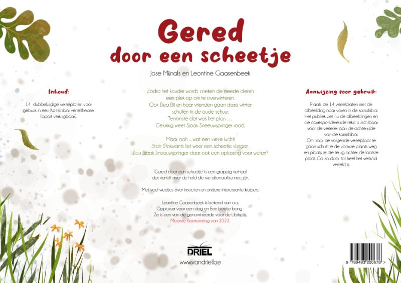 Achterkant van Gered door een scheetje kamishibai vertelplaten