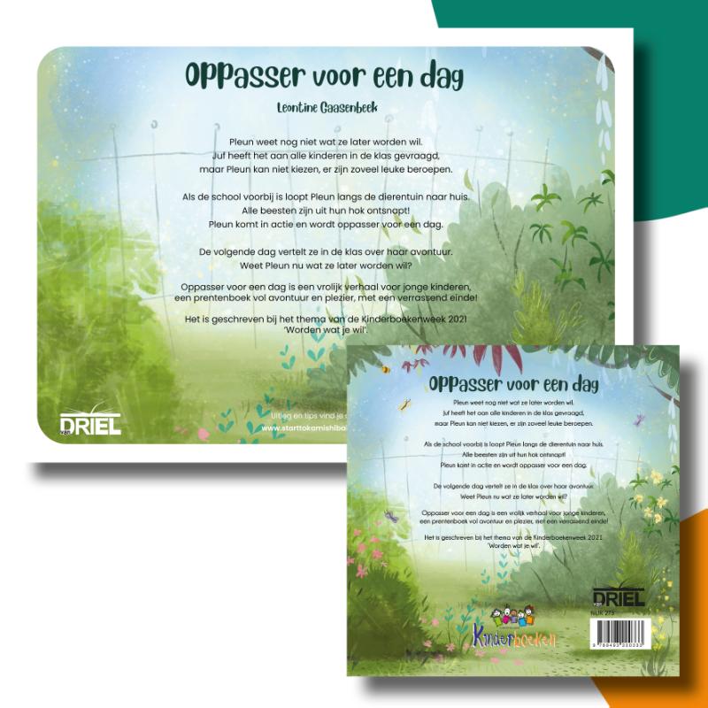 Achterkant van Oppasser voor een dag kamishibai vertelplaten + boek