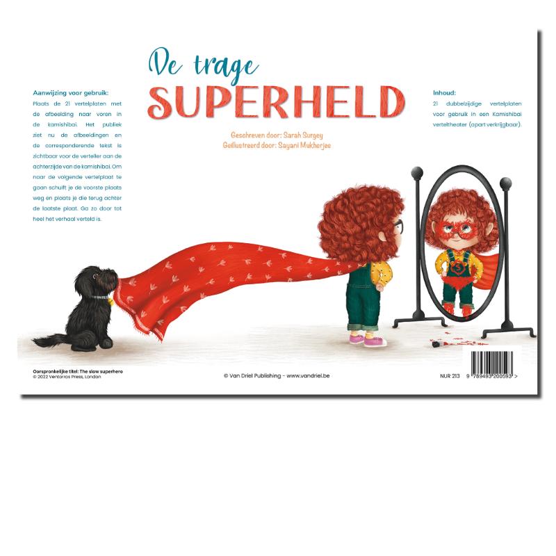 Achterkant van De trage superheld kamishibai vertelplaten + boek