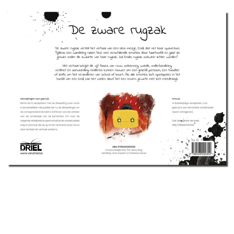 Achterkant van De zware rugzak kamishibai vertelplaten + boek