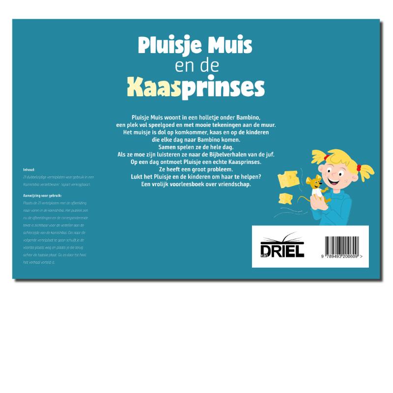 Achterkant van Pluisje muis en de kaasprinses kamishibai vertelplaten + boek