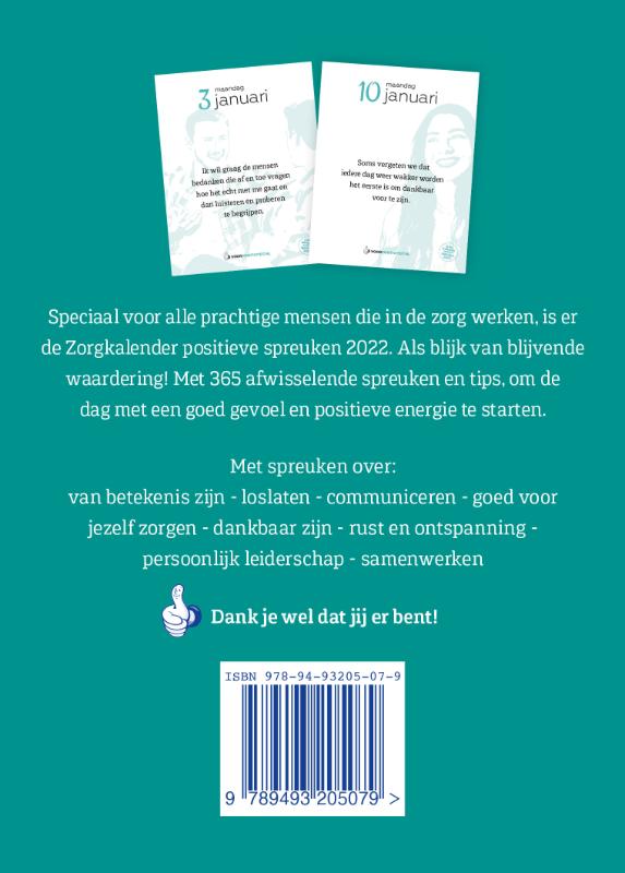 Achterkant van Zorgkalender positieve spreuken 2022