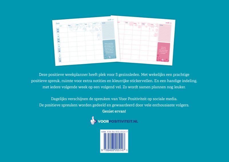 Achterkant van Familieplanner positieve spreuken 2023
