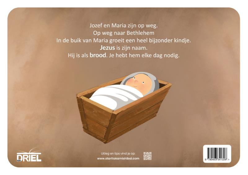 Achterkant van De geboorte van Jezus in een broodbak