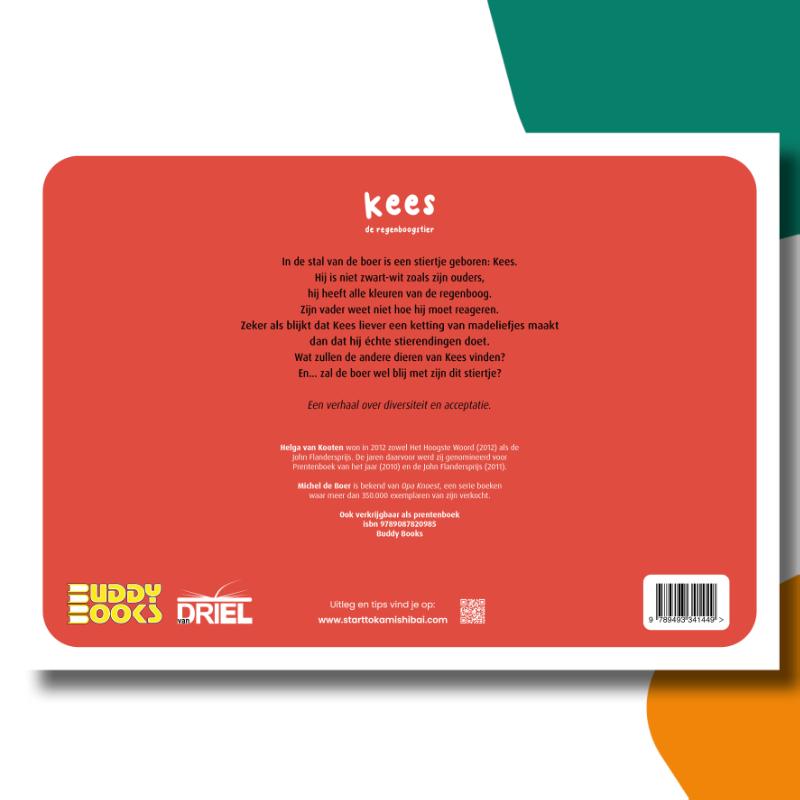 Achterkant van Kees de regenboogstier kamishibai vertelplaten