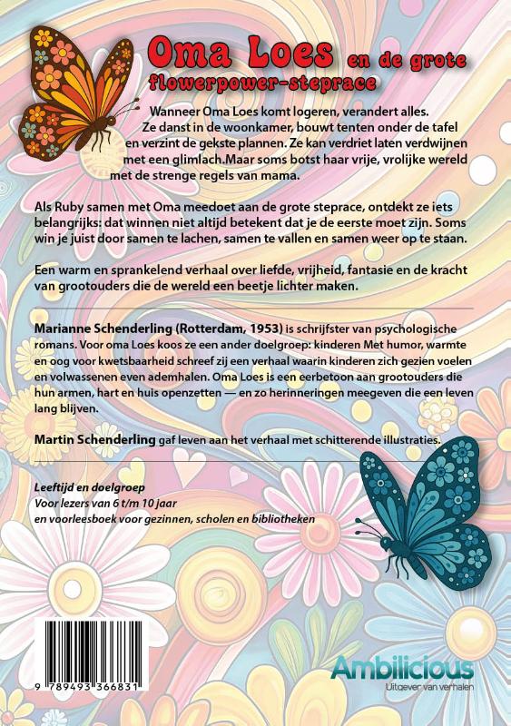 Achterkant van Oma Loes en de grote flowerpower steprace