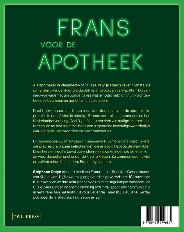 Achterkant van Frans voor de apotheek