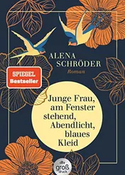 Omslag van Junge Frau, am Fenster stehend, Abendlicht, blaues Kleid Roman