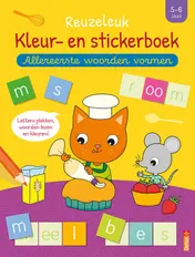 Omslag van Reuzeleuk kleur- en stickerboek - Allereerste woorden vormen (5-6 j.)