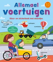 Omslag van Kleur- en stickerboek met woordjes - Allemaal voertuigen (3-5 j.)