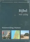 Omslag van Bijbel met uitleg, blauw, harde band in luxe cassette