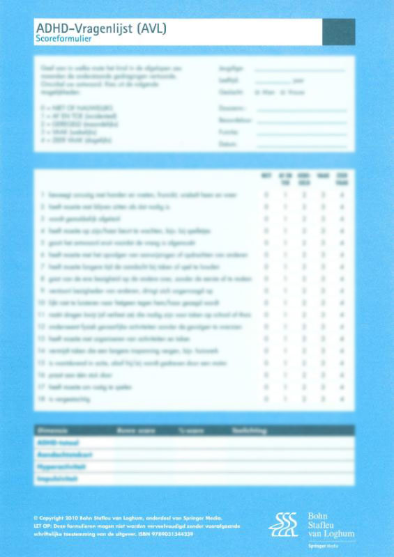Omslag van ADHD-vragenlijst (AVL) - scoreformulieren