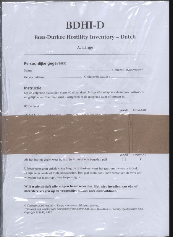 Omslag van BDHI-D Buss-Durkee Hostility Inventory-Dutch Formulieren