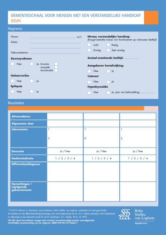 Omslag van DSVH Dementieschaal voor mensen met een verstandelijke handicap Formulieren
