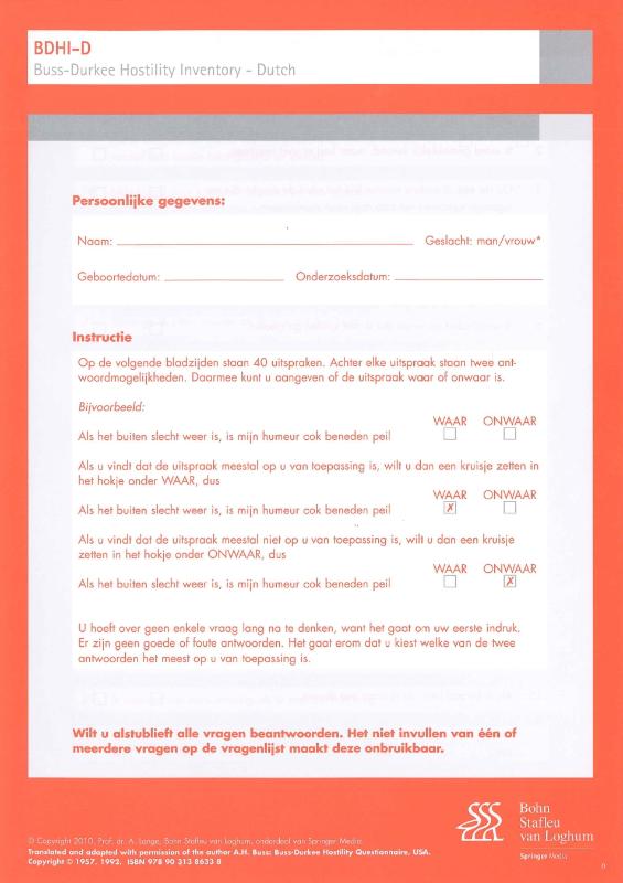 Omslag van Buss-Durkee Hostility Inventory Dutch (BDHI-D) - scoreformulieren