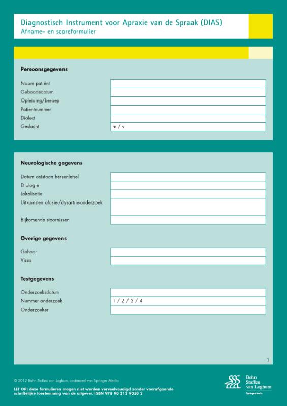 Omslag van Diagnostisch Instrument voor Apraxie van de Spraak (DIAS ) - scoreformulieren